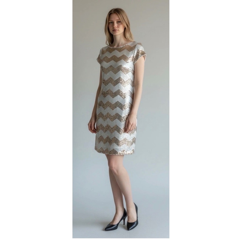 White House Black Market Sequin Chevron Shift Dress Gold Silver XL Cocktail